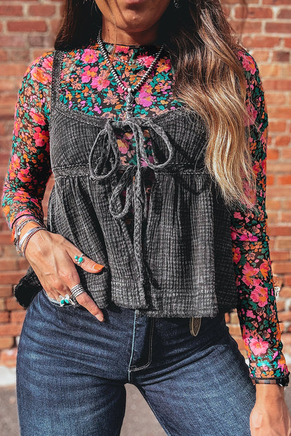 Floral Mesh Long Sleeve Mock Neck Top