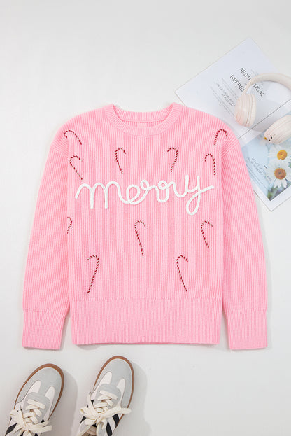 Merry Candy Cane Embroidered Crewneck Sweater