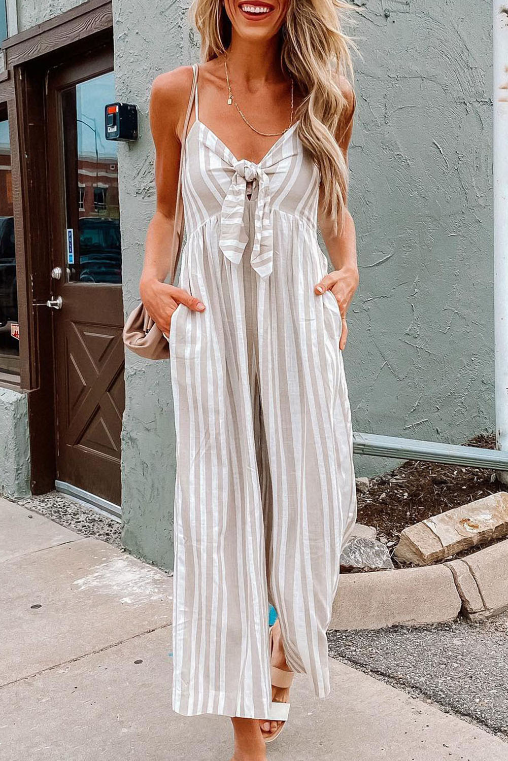 Striped Tie-Up Front Cropped Jumpsuit