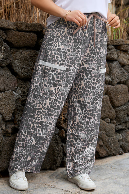Plus Size Leopard Patch Pocket Drawstring Pants