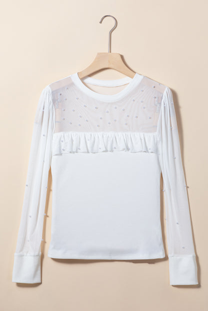 White Pearl Decor Mesh Patchwork Ribbed Long Sleeve Top