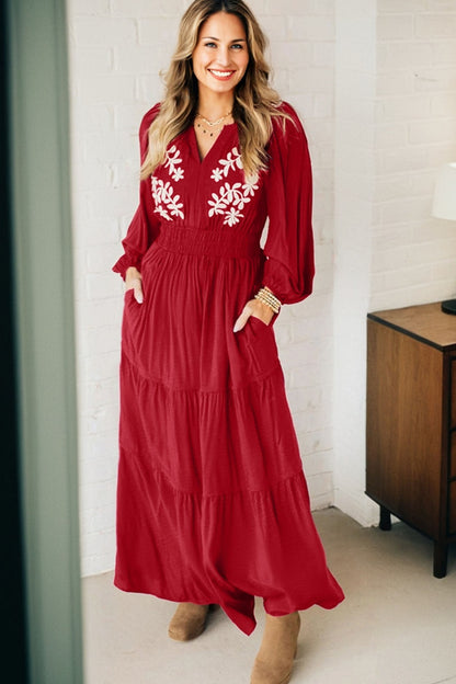 Floral Embroidered Long Sleeve Tiered Maxi Dress