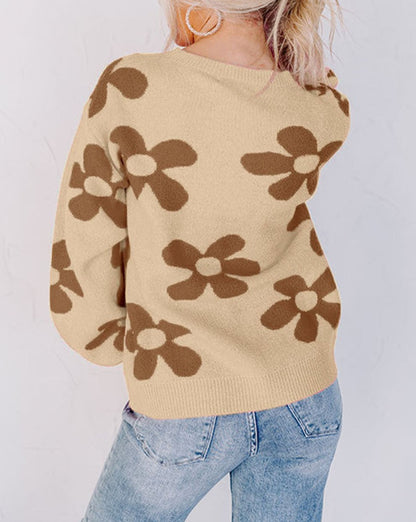 Floral Ribbed Trim Crewneck Sweater