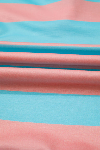 Colorblock Stripe Buttoned Collar Side Slit Top