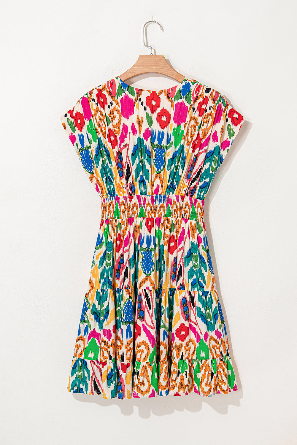 Abstract V-Neck Dolman Sleeve Ruffle Tiered Mini Dress