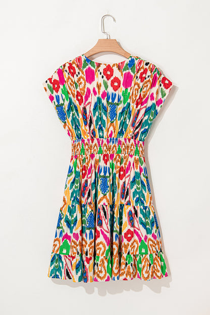 Abstract V-Neck Dolman Sleeve Ruffle Tiered Mini Dress