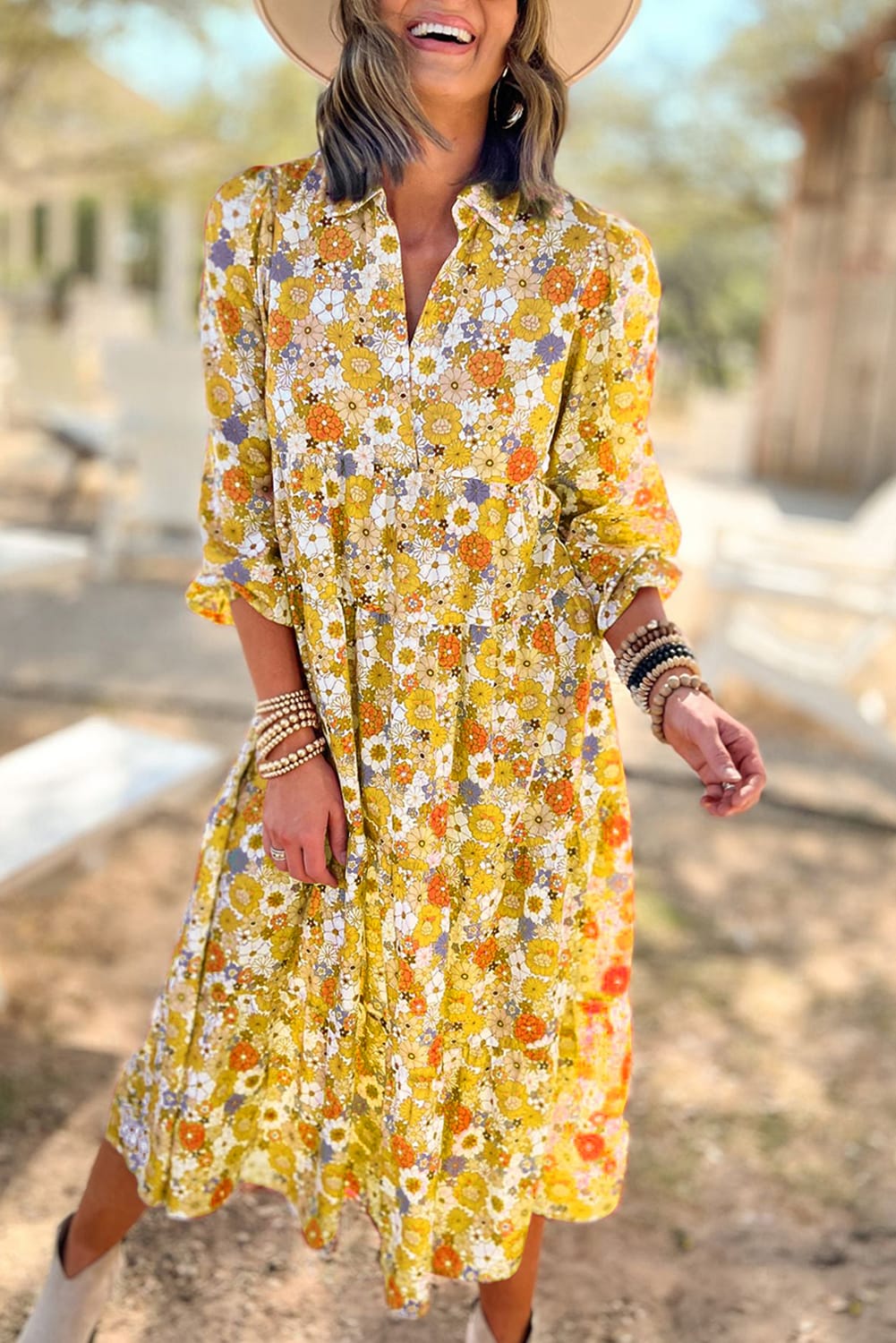 Floral Collared Tiered Midi Dress