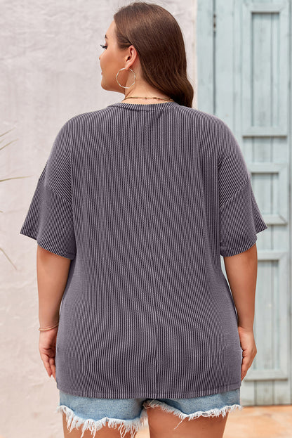 Plus Size Solid Corded Knit V-Neck T-Shirt
