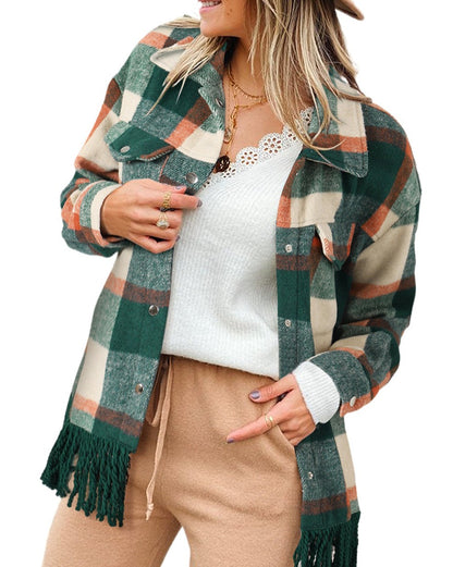 Plaid Pocket Fringed Hem Jacket