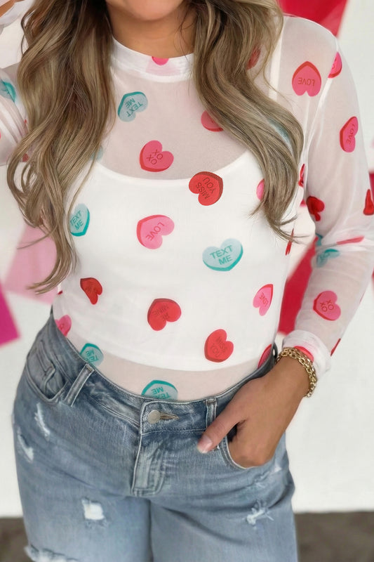 Valentine Heart Candy Mesh Long Sleeve Top