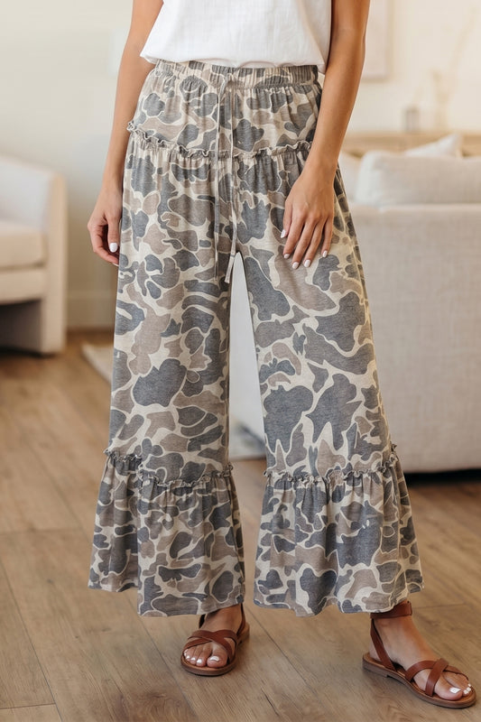 Abstract Leopard Ruffle Tiered Wide Leg Pants