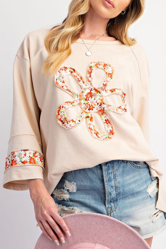 Plus Size Floral Patchwork 3/4 Sleeve Top