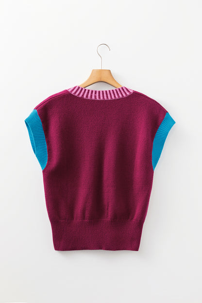 Colorblock V-Neck Cuffed Short Sleeve Sweater