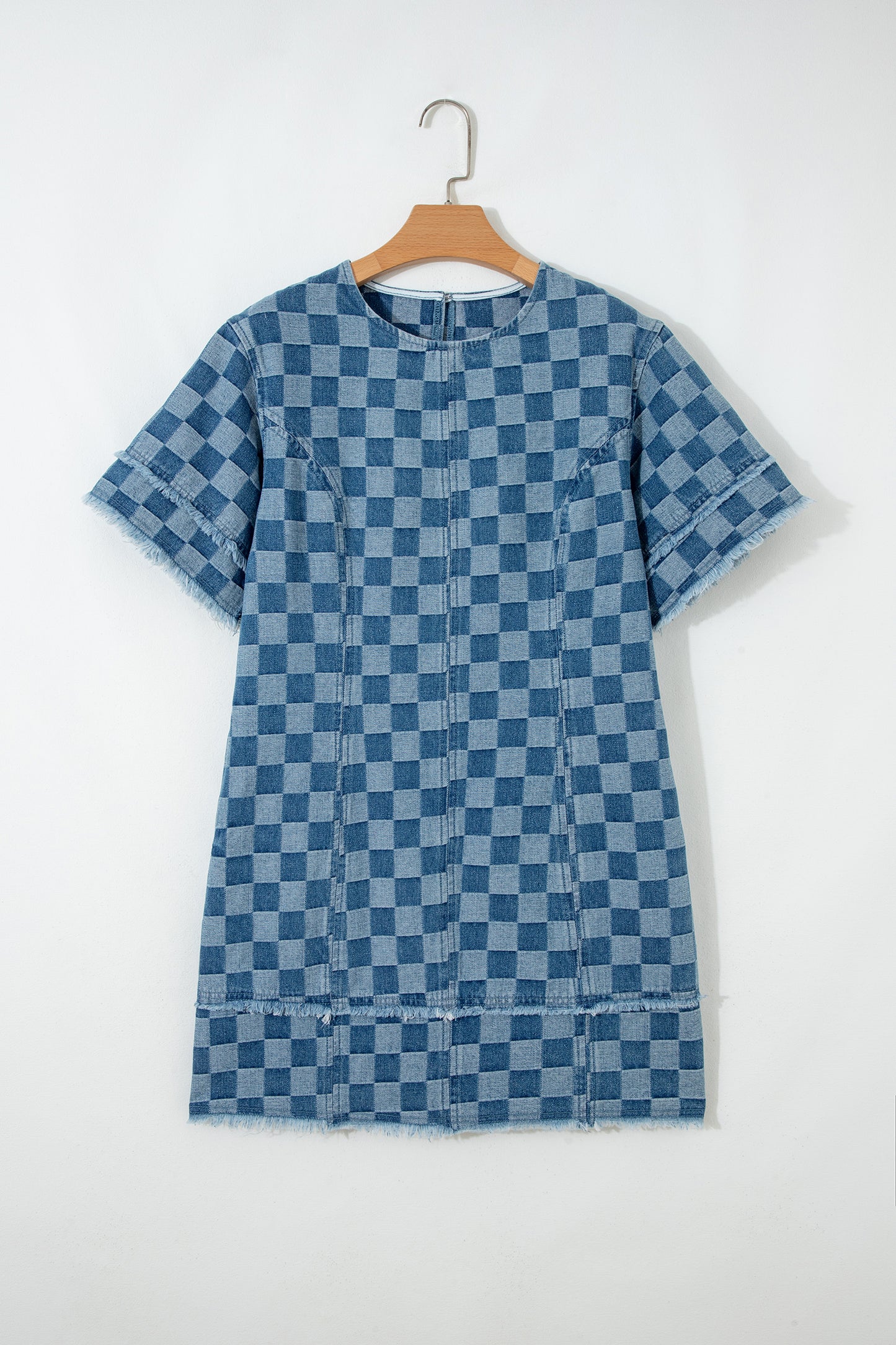 Checker Denim Frayed Hem Mini Dress