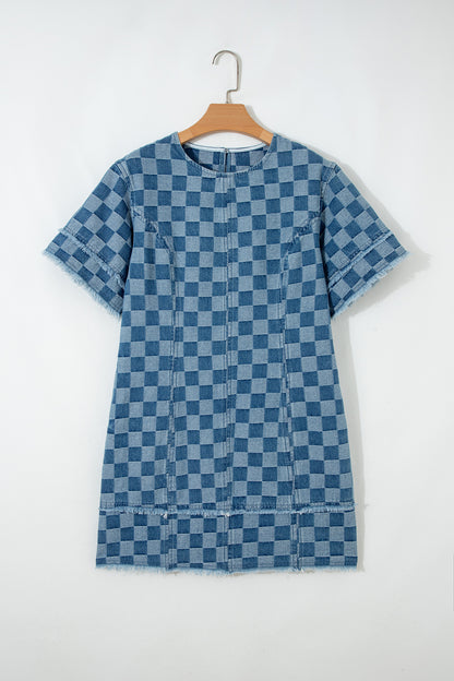 Checker Denim Frayed Hem Mini Dress