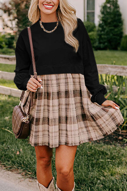 Plaid Patchwork Sweatshirt Mini Dress