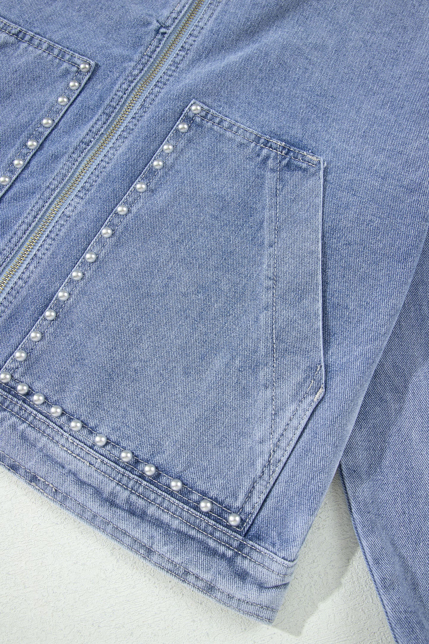 Denim Studded Pockets Zip-Up Long Sleeve Jacket