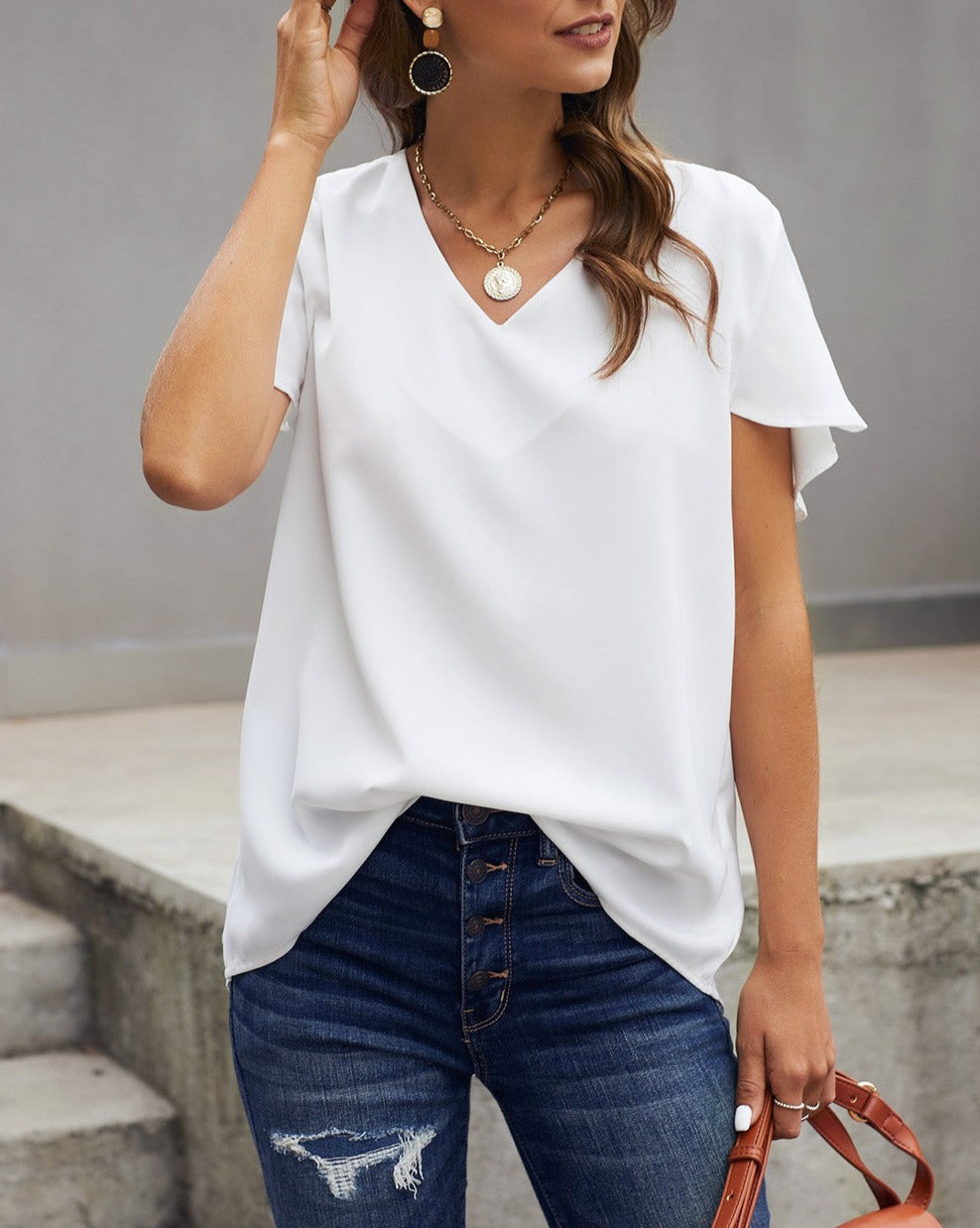 Ruffle Short Sleeve V-Neck Tee