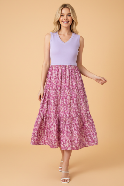 Floral Contrast Patchwork Ribbed V-Neck Tank Dress