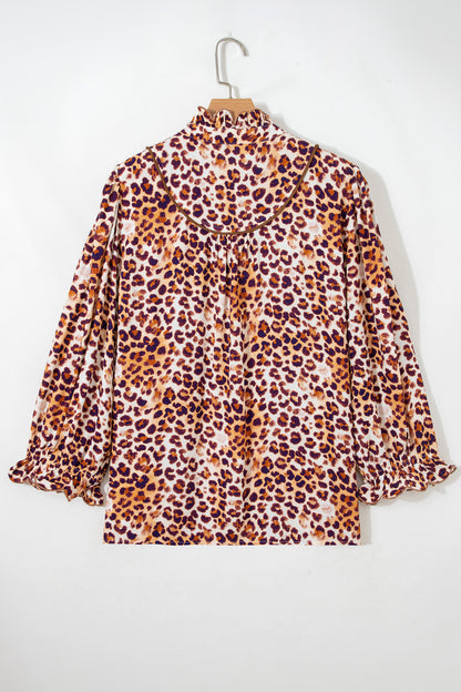 Plus Size Leopard Frilled Stand Neck Blouse