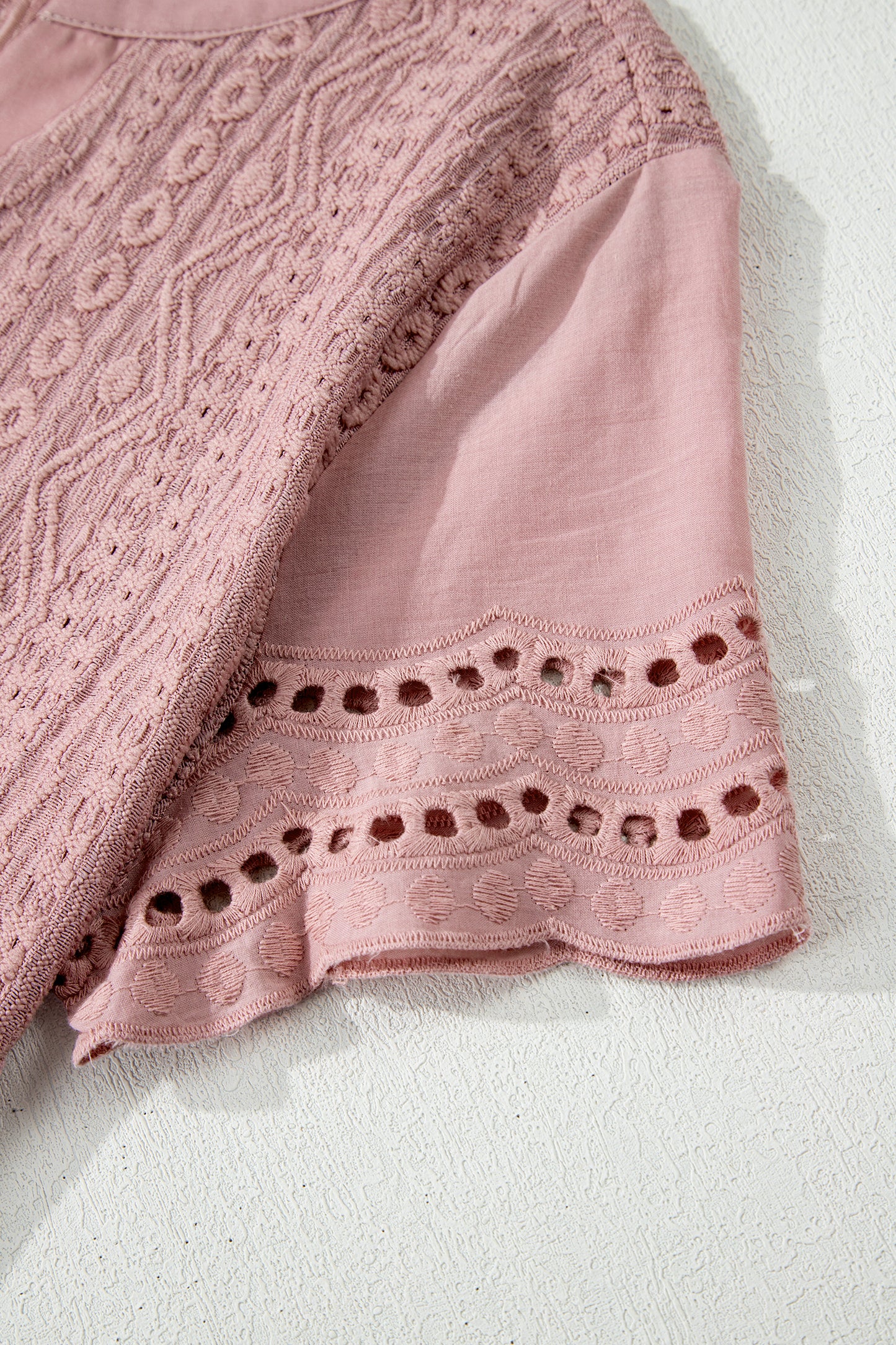 Eyelet Textured Half-Button Short Sleeve Blouse