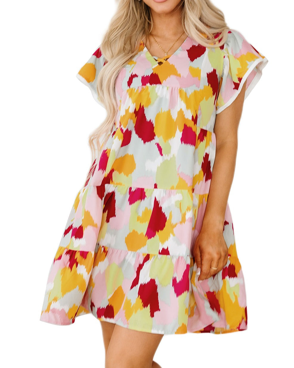 Abstract Flutter Sleeve Tiered Dress