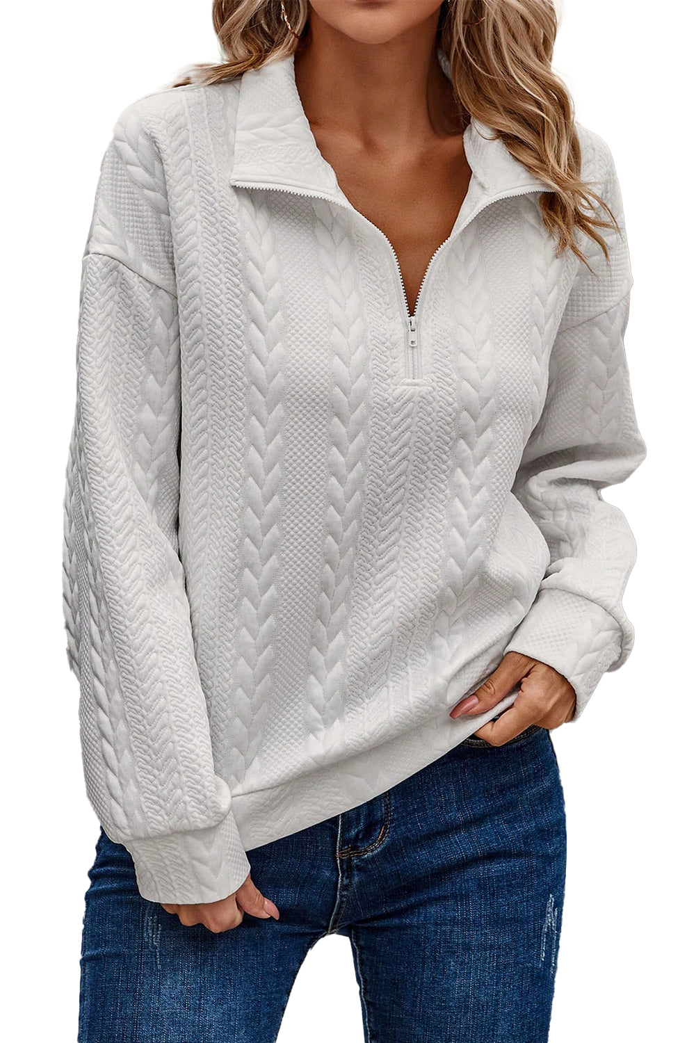 Cable Textured Zip Up Sweatshirt