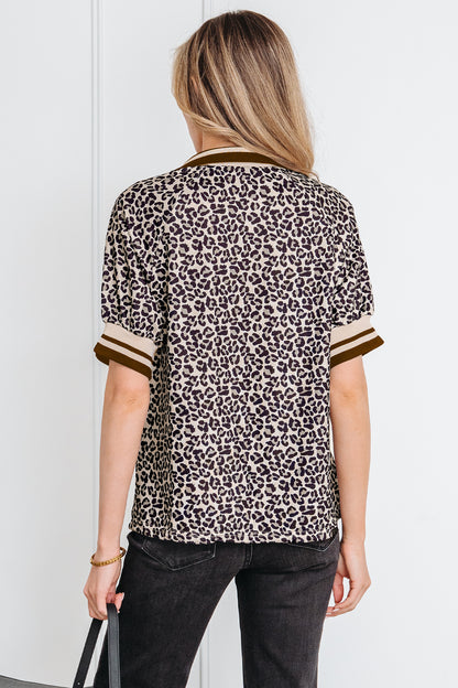 Leopard Half Zip Stripe Trim Short Sleeve Top