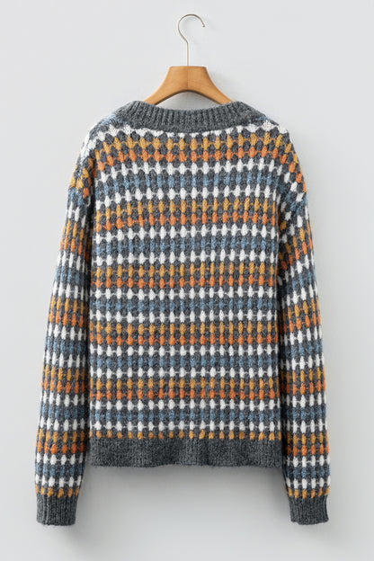 Dotted Diamond Knit Button-Up V-Neck Sweater Cardigan