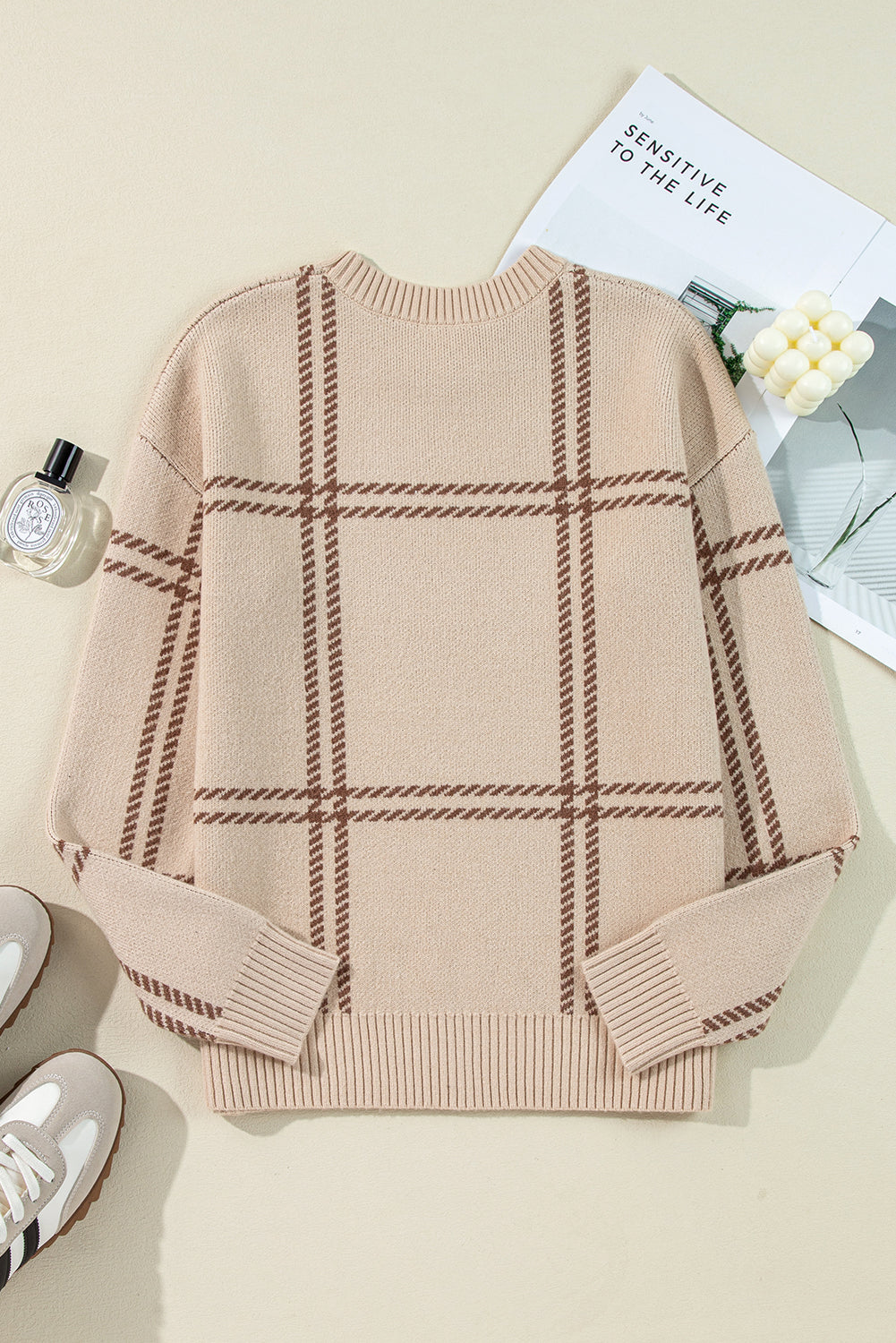 Plaid Drop ShoulderCrewneck Sweater