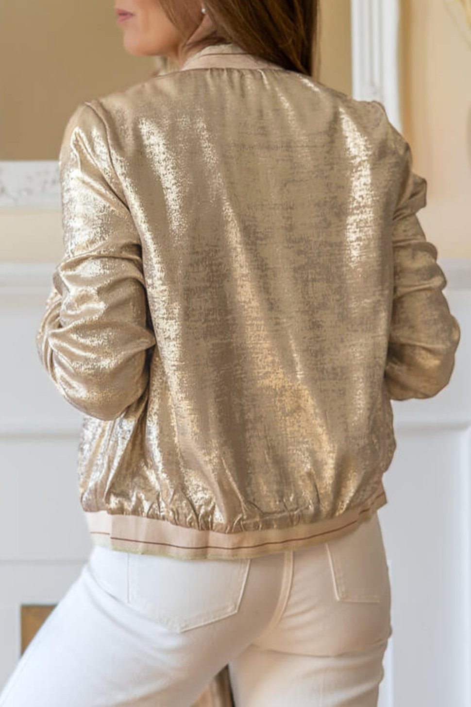 Metallic Zip-Up Baseball Collar Jacket