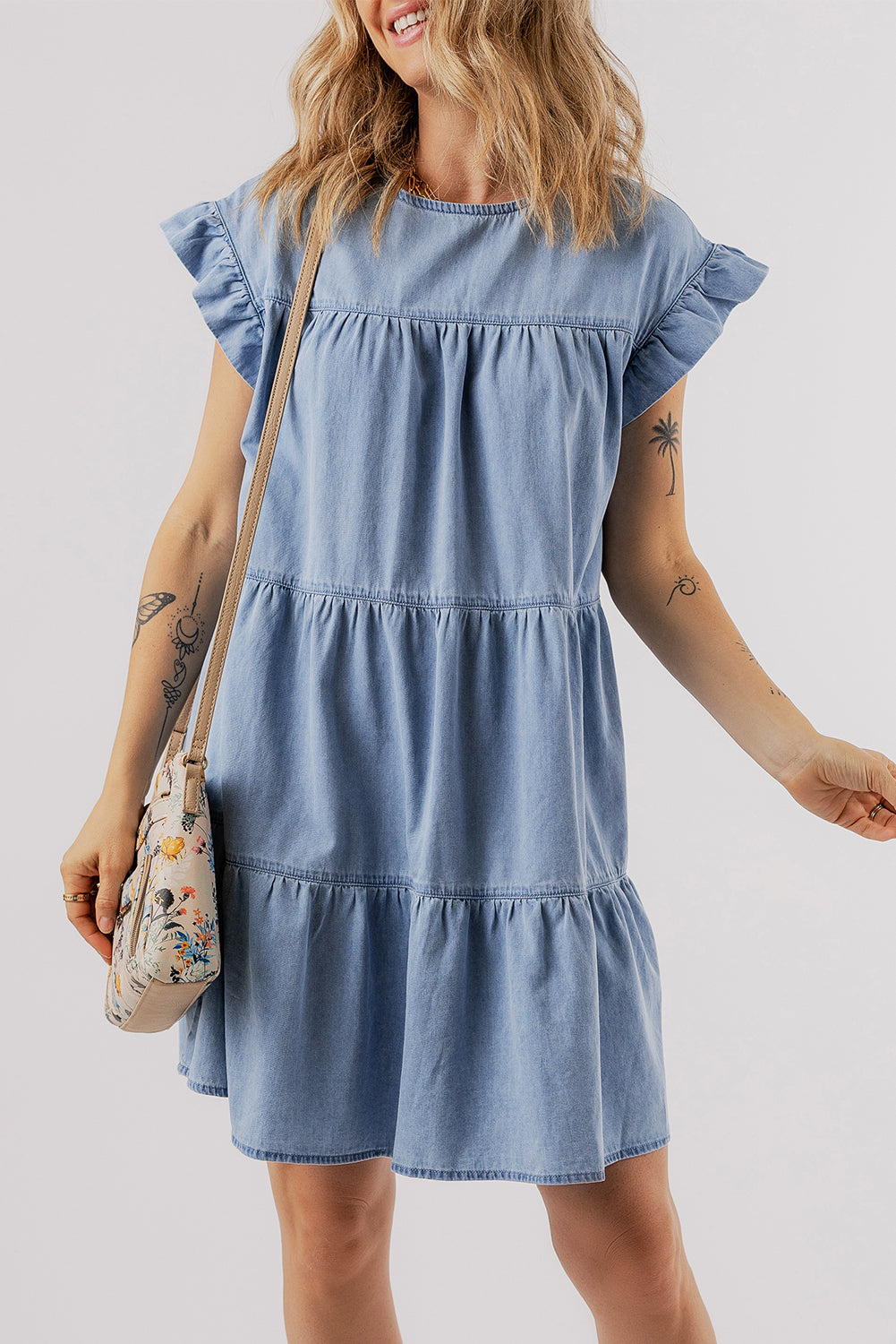 Denim Ruffle Short Sleeve Dress