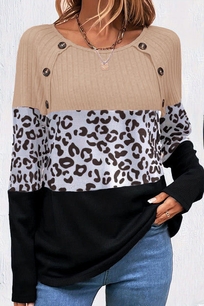 Cheetah Texture Patchwork Buttoned T-Shirt