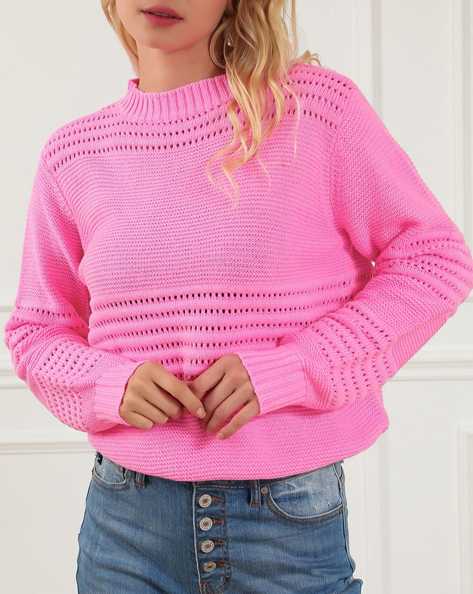 Eyelet Stripe Mock Neck Sweater