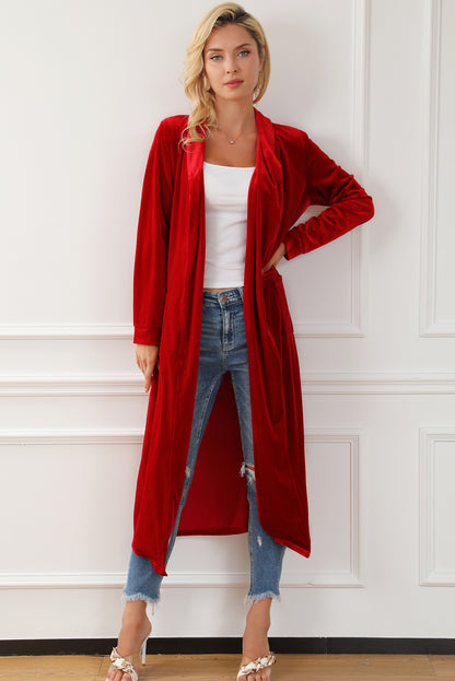 Velvet Open-Front Pocketed Cardigan