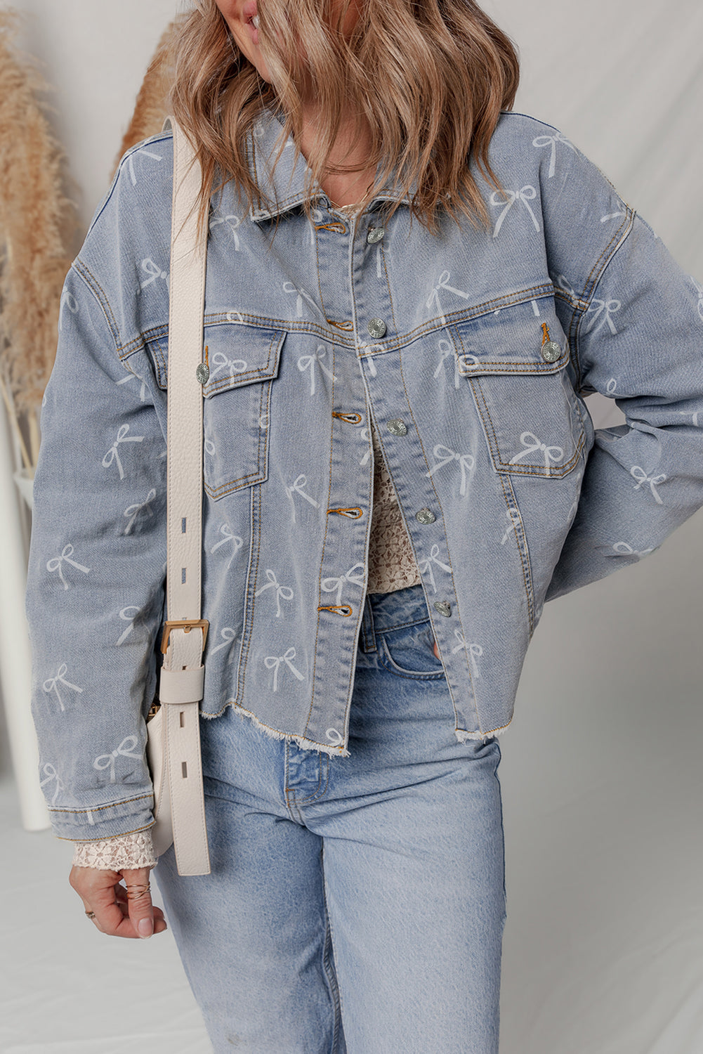 Denim Bow Light Wash Raw Hem Jacket