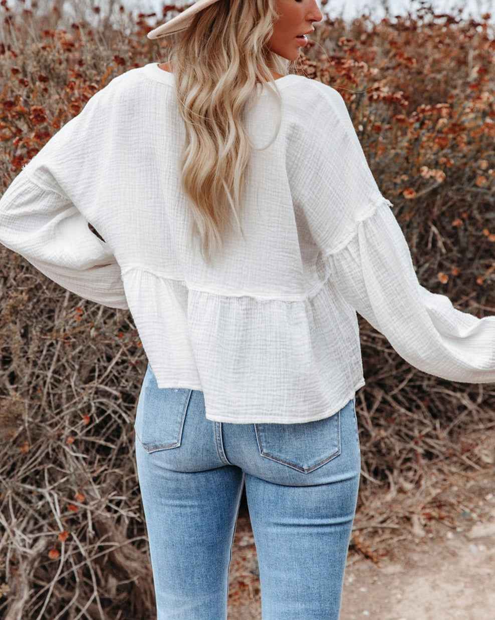 Gauze Long Sleeve Peplum Blouse