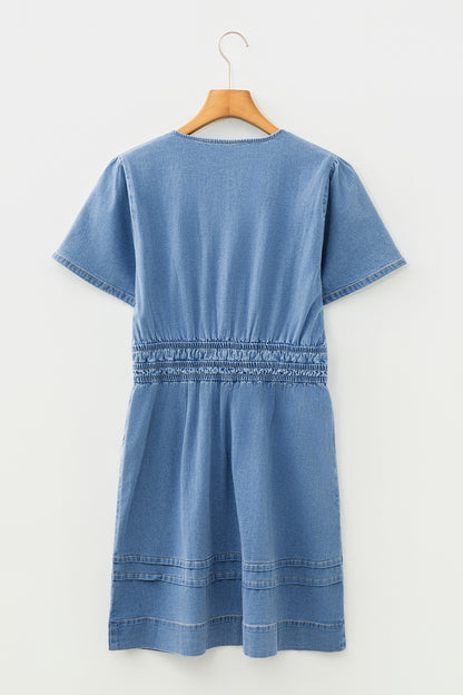 Denim Elastic Waist Short Sleeve Mini Dress
