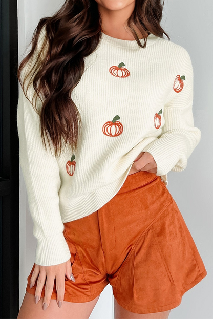 Halloween Pumpkin Embroidered Ribbed Thanksgiving Holiday Sweater