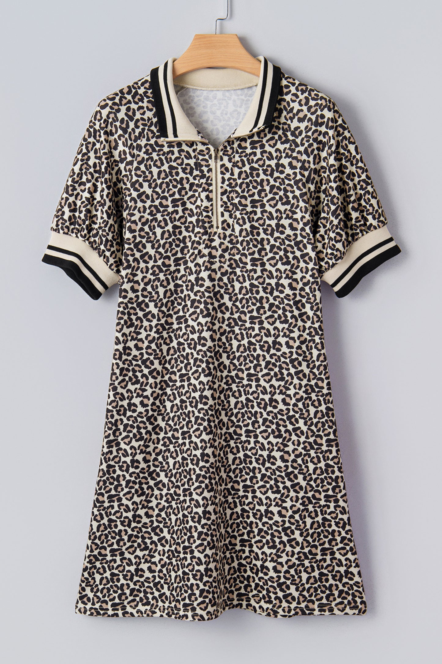 Leopard Stripe Patchwork Zip Collar Mini Dress