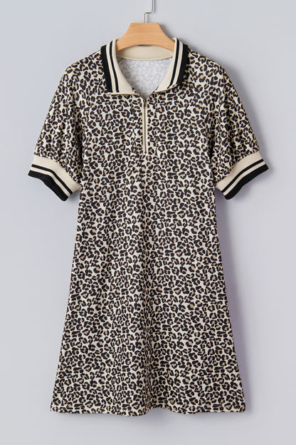 Leopard Stripe Patchwork Zip Collar Mini Dress