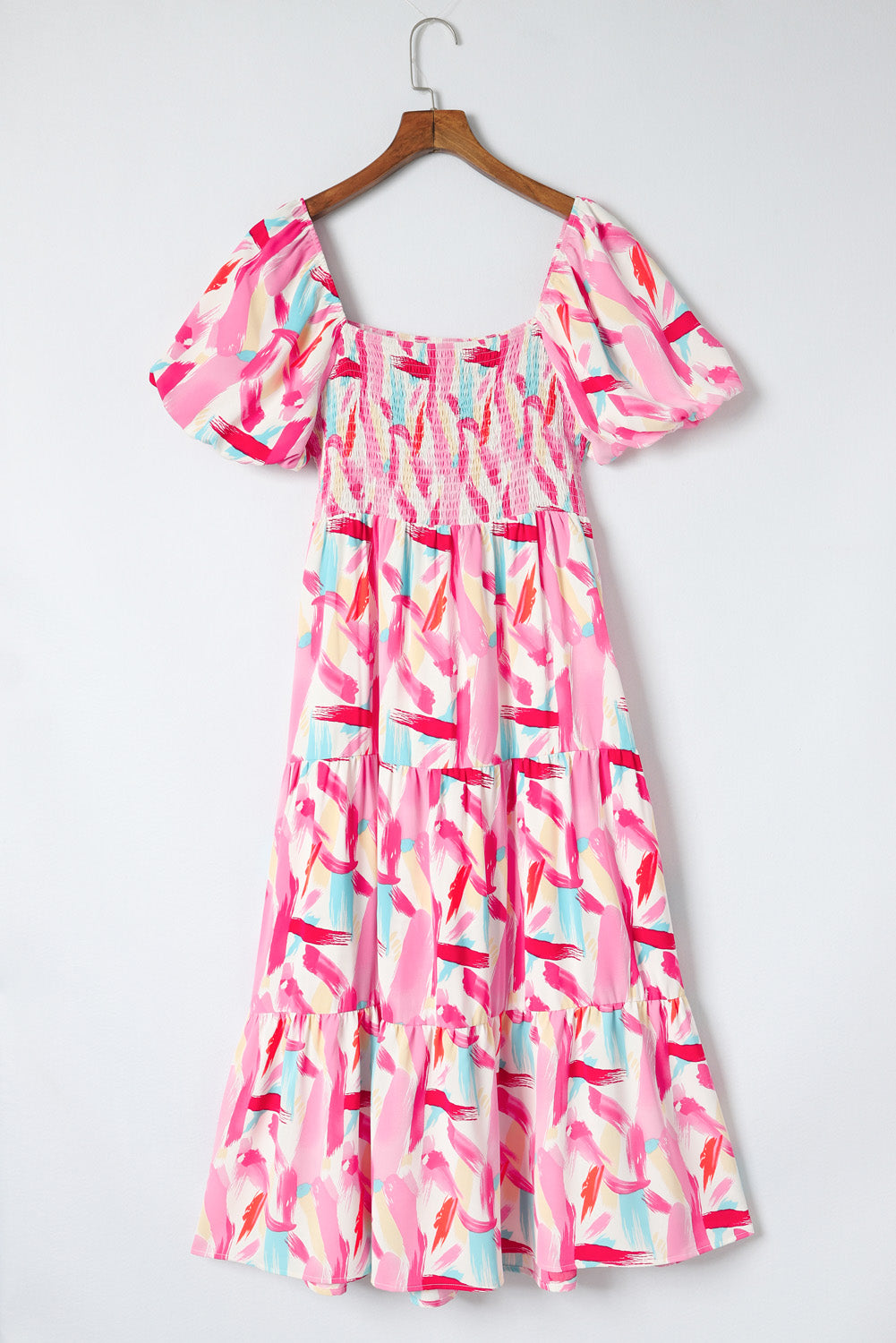 Abstract Smocked Puff Sleeve Dress