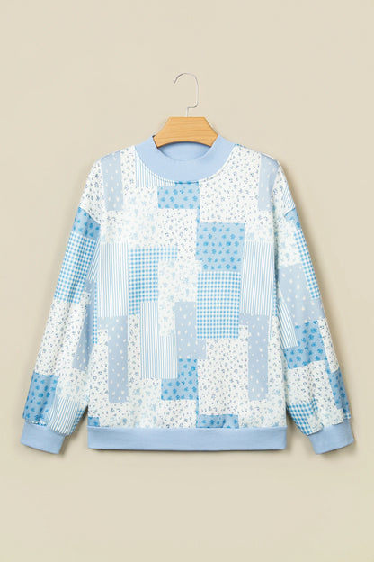 Floral Patchwork Mock Neck Long Sleeve Sweatshirt
