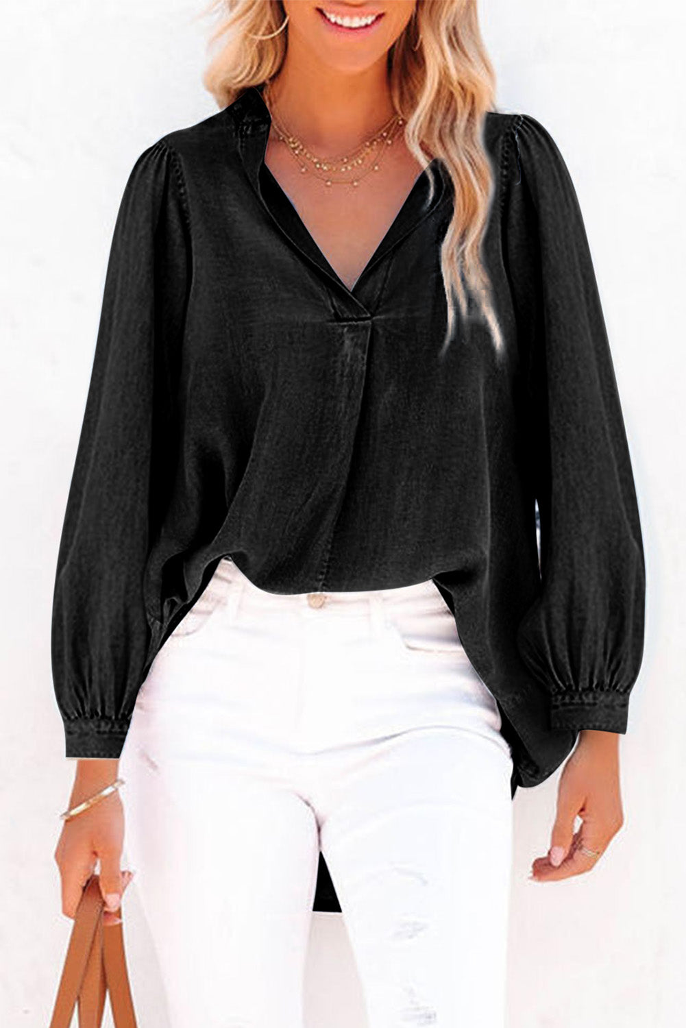 Denim Split V-Neck Balloon Sleeve Top