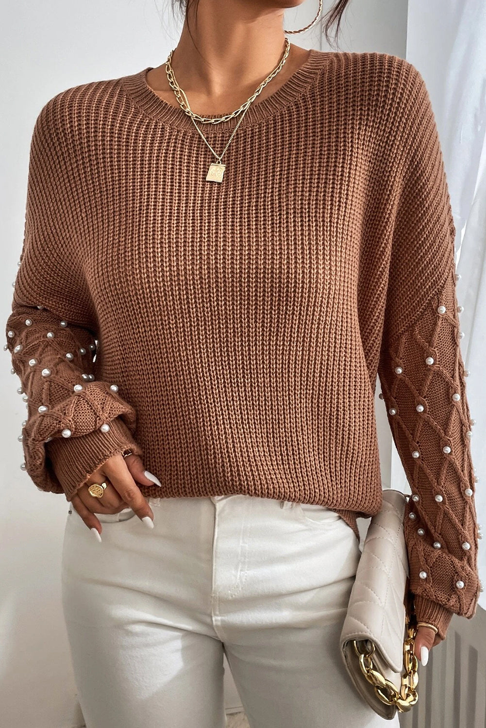 Pearl Beaded Round Neck Sweater