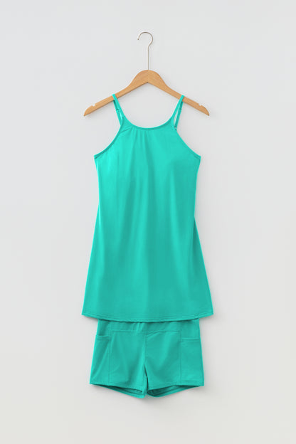 Solid Tunic Tank Dress & Shorts Athletic Set