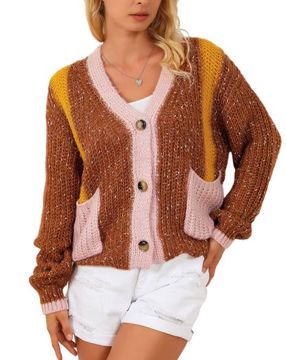 Colorblock Buttoned Sweater Cardigan w/Pockets