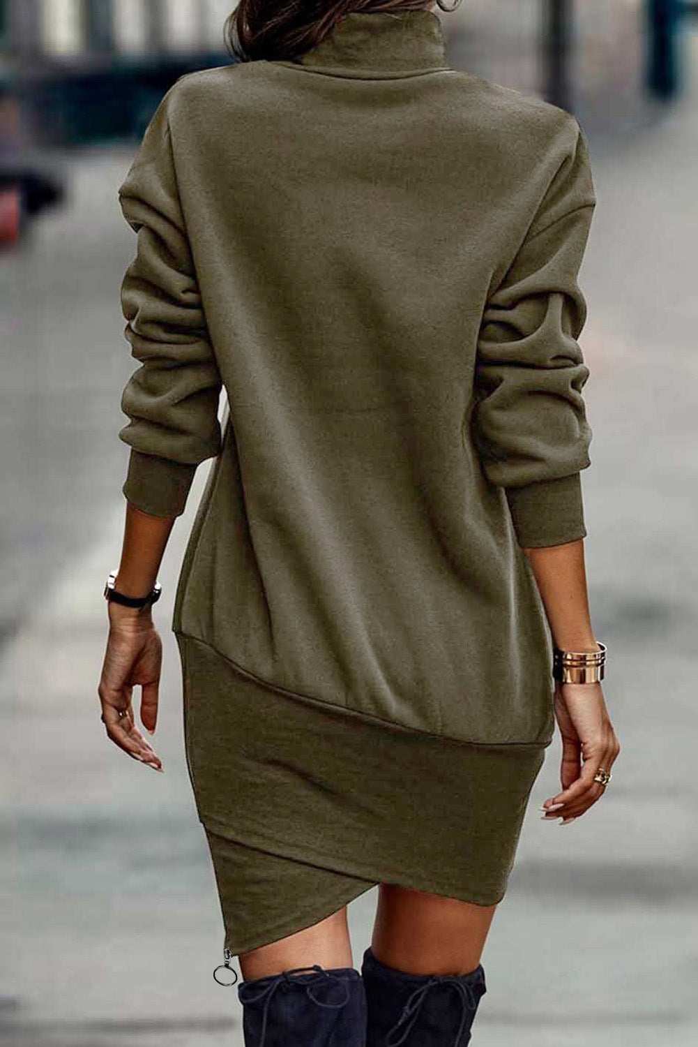 Asymmetrical Wrapped Hem Turtleneck Dress