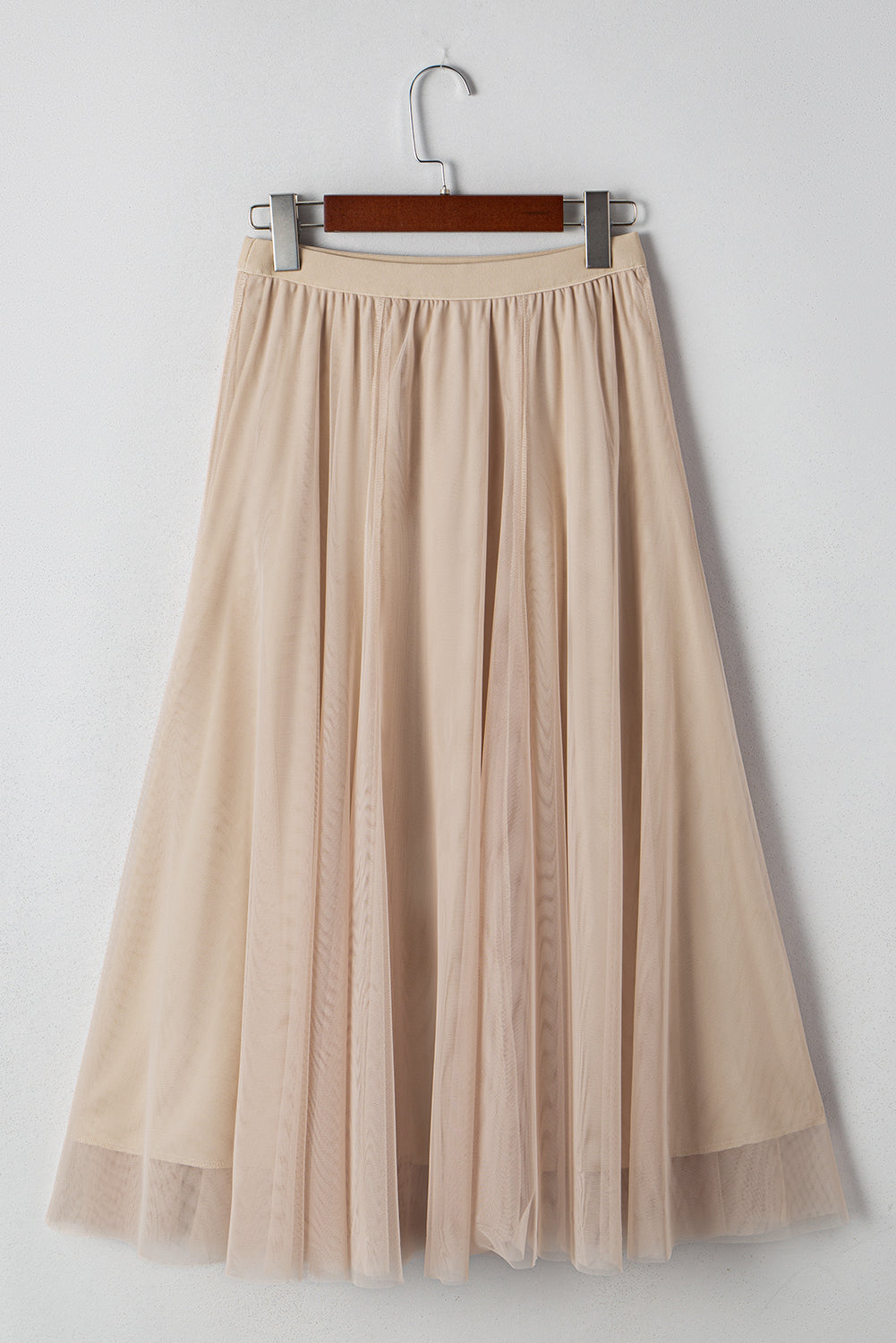Solid Tulle Mesh Overlay Flared Midi Skirt