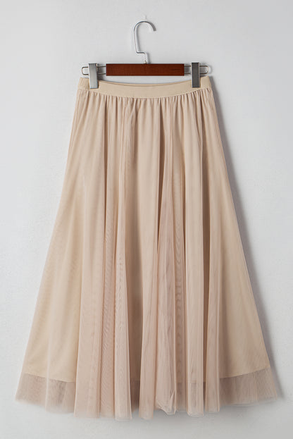 Solid Tulle Mesh Overlay Flared Midi Skirt